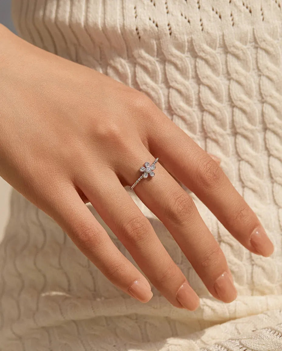dainty flower moissanite ring in 925 sterling silver with beaded band