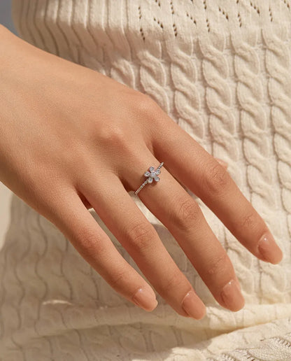 dainty flower moissanite ring in 925 sterling silver with beaded band