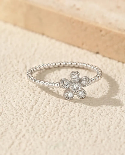 dainty flower moissanite ring in 925 sterling silver with beaded band