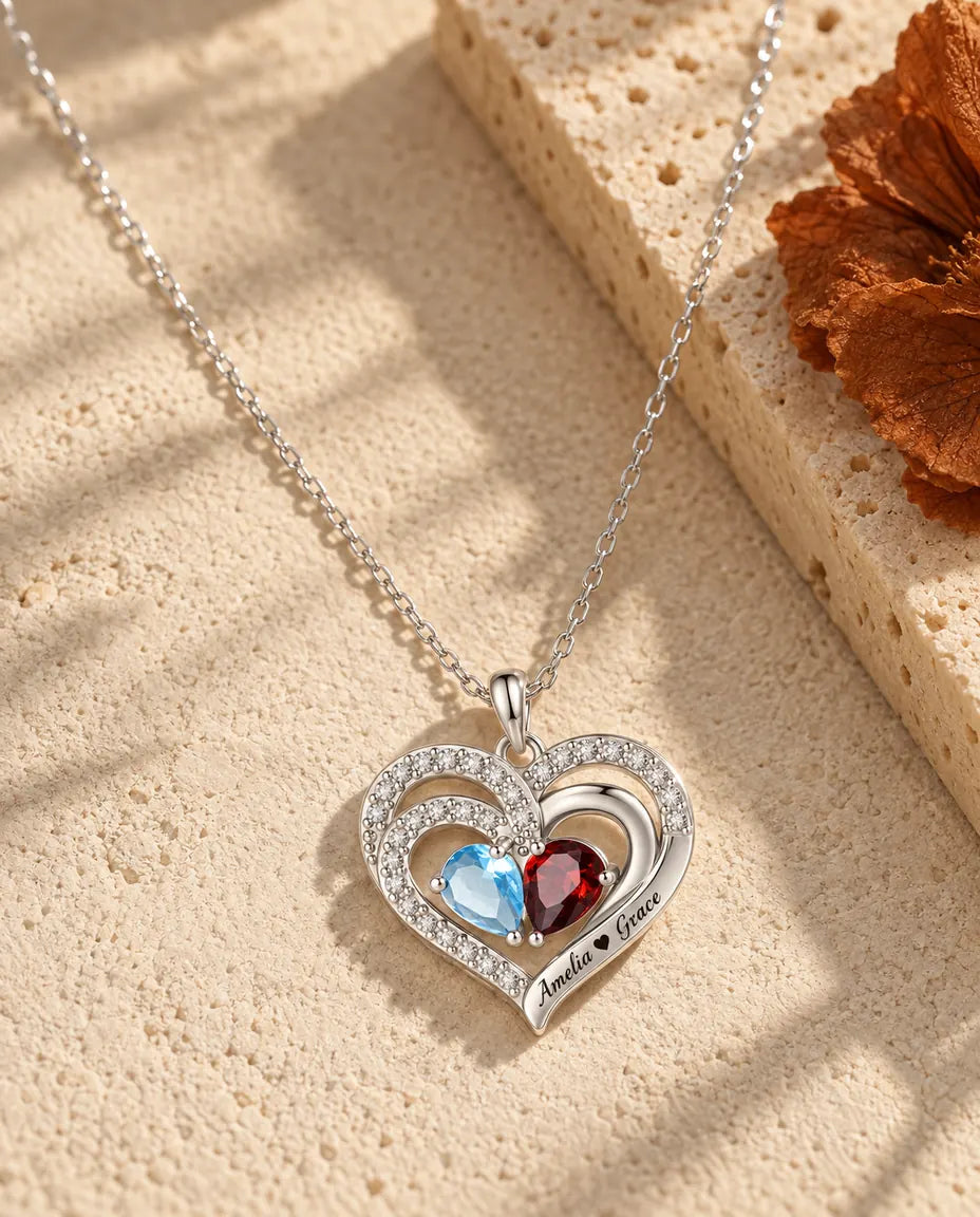 Silver double heart birthstone necklace with two engraved names