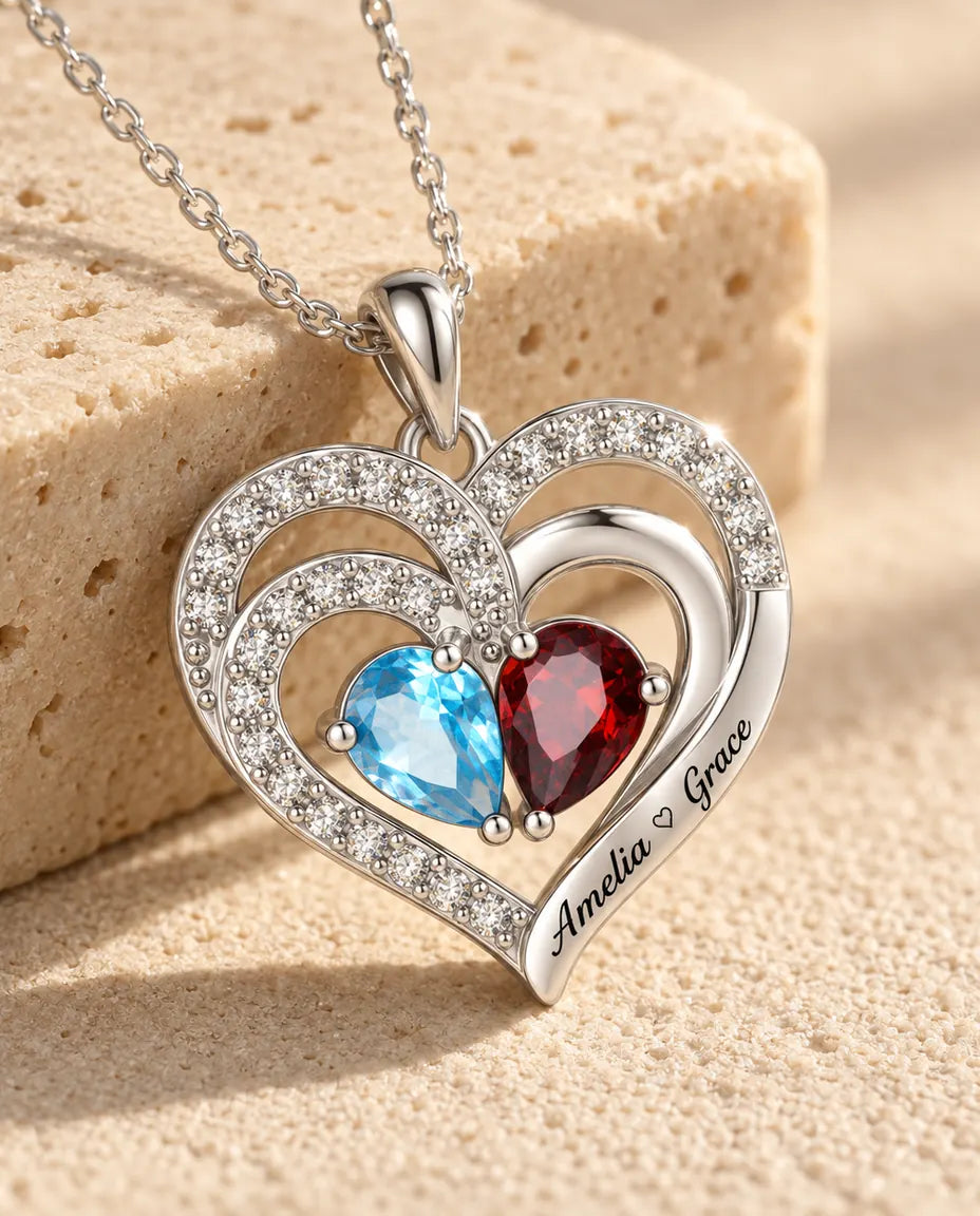 Close-up of the double heart pendant with two pear birthstones and two engraved names