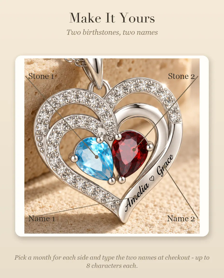 How to personalise the necklace with two birthstones and two names