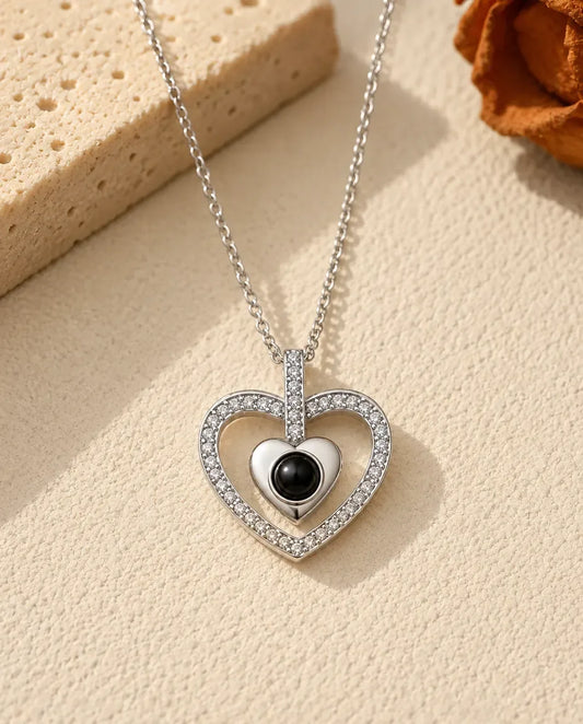 Personalised Double Heart Photo Projection Necklace - front view in silver