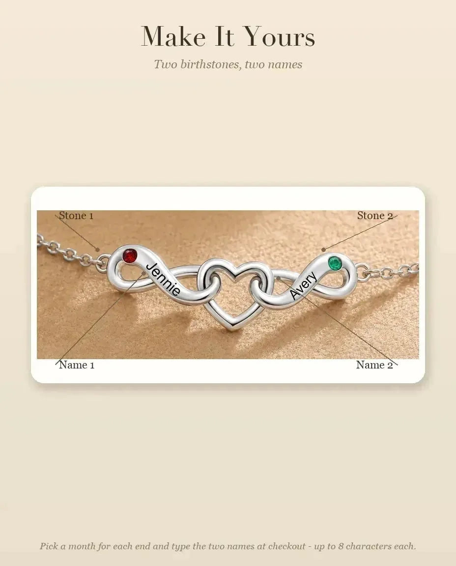 Personalised Infinity Bracelet With 2 Names - Double Infinity and Heart With Two Simulated Birthstones - personalisation guide: names and birthstones
