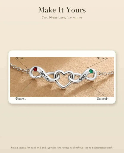 Personalised Infinity Bracelet With 2 Names - Double Infinity and Heart With Two Simulated Birthstones - personalisation guide: names and birthstones