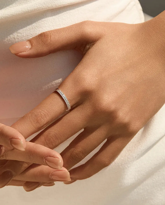 Double row pave moissanite eternity ring in 925 sterling silver