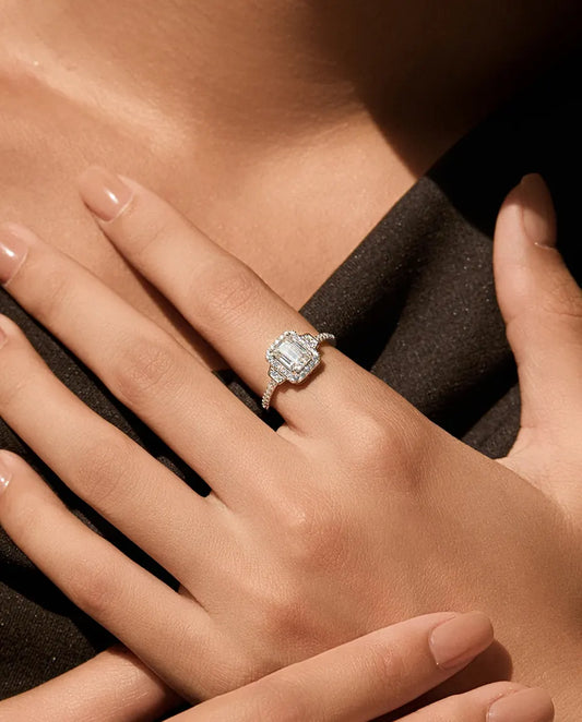 1 ct emerald cut moissanite halo engagement ring in 925 sterling silver, art deco style