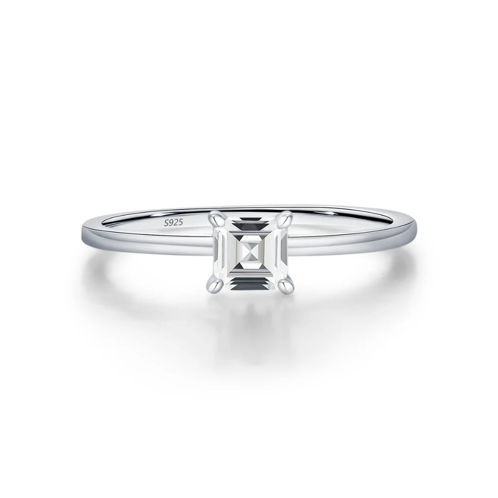 Emerald Cut Moissanite Solitaire Ring in Sterling Silver