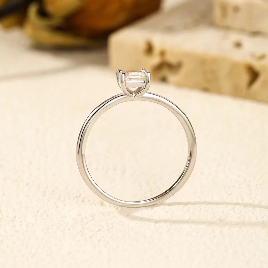 Emerald Cut Moissanite Solitaire Ring in Sterling Silver