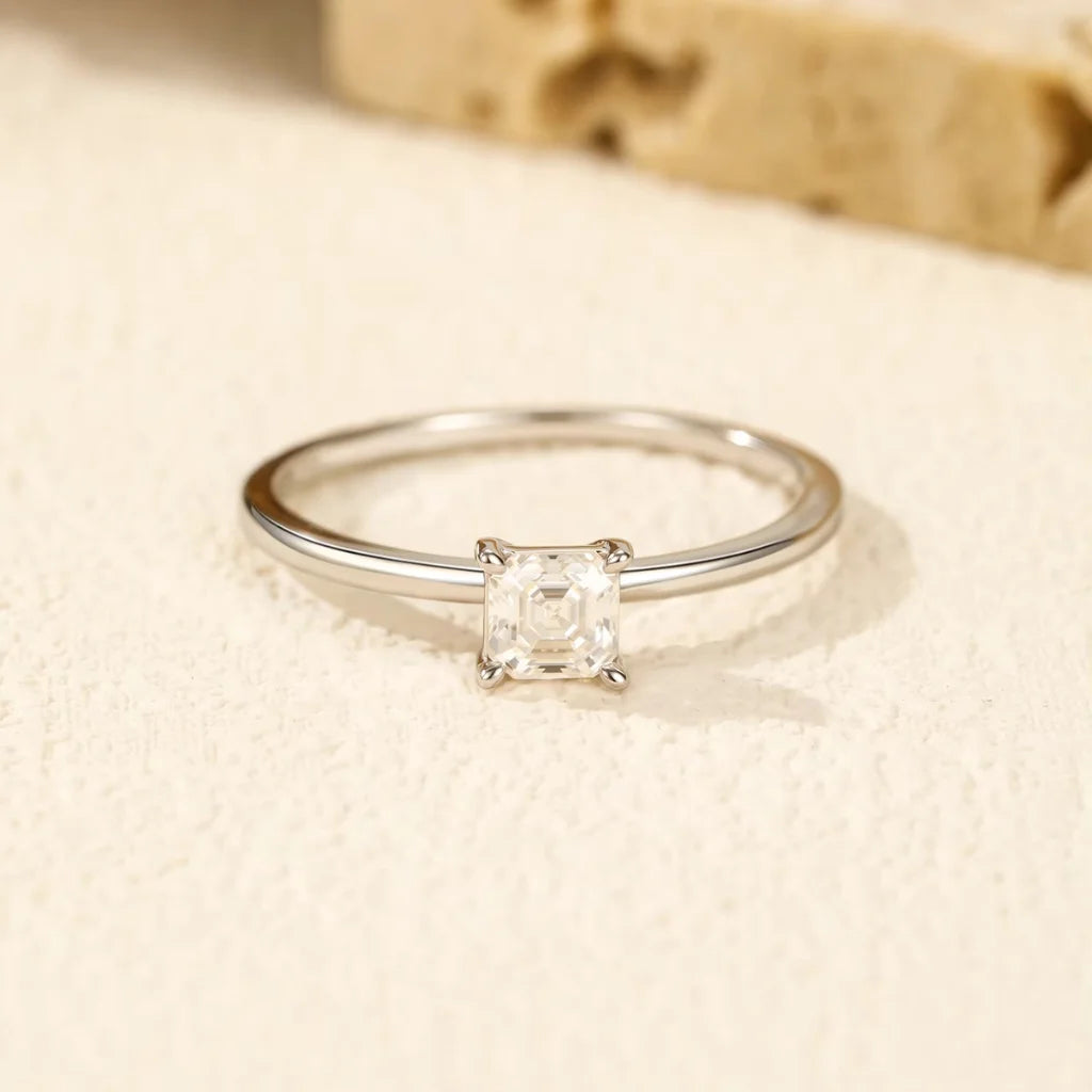 Emerald Cut Moissanite Solitaire Ring in Sterling Silver