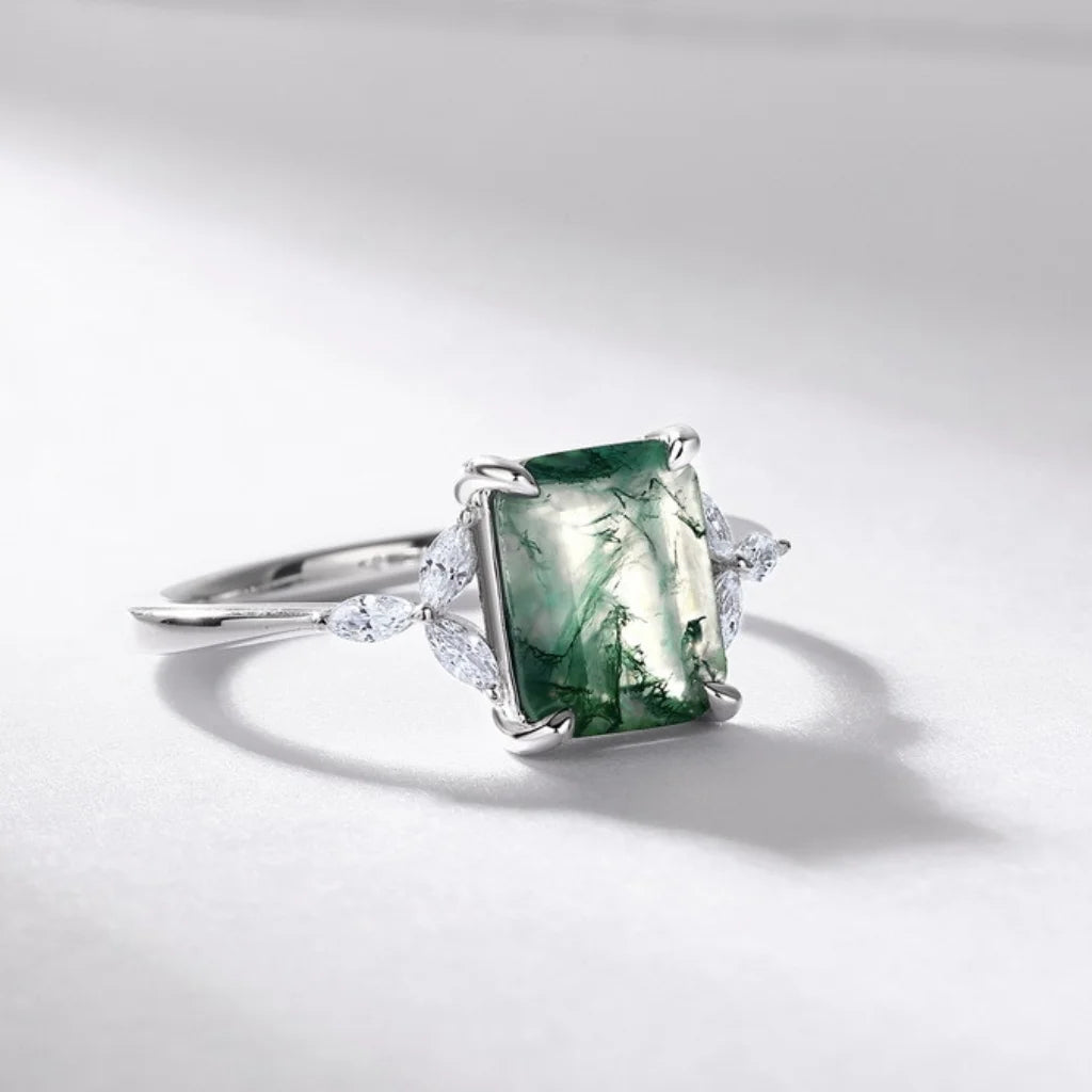 Emerald Cut Moss Agate Engagement Ring - Moss Agate Wedding Band