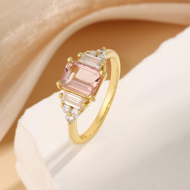 Emerald Cut Pink Morganite Engagement Ring 14/18k Yellow Gold