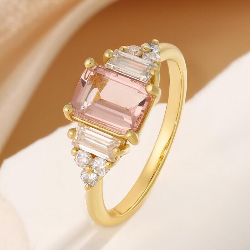 Emerald Cut Pink Morganite Engagement Ring 14/18k Yellow Gold