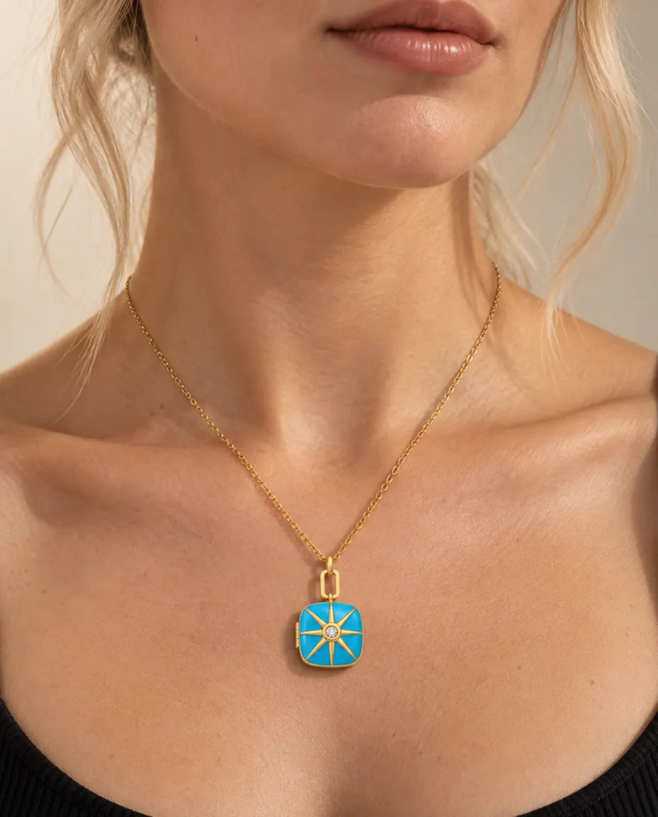 Personalised Enamel Photo Locket Necklace That Holds 2 Pictures worn on a model