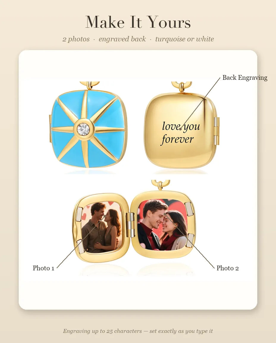 Personalisation guide showing Photo 1, Photo 2 and the back engraving