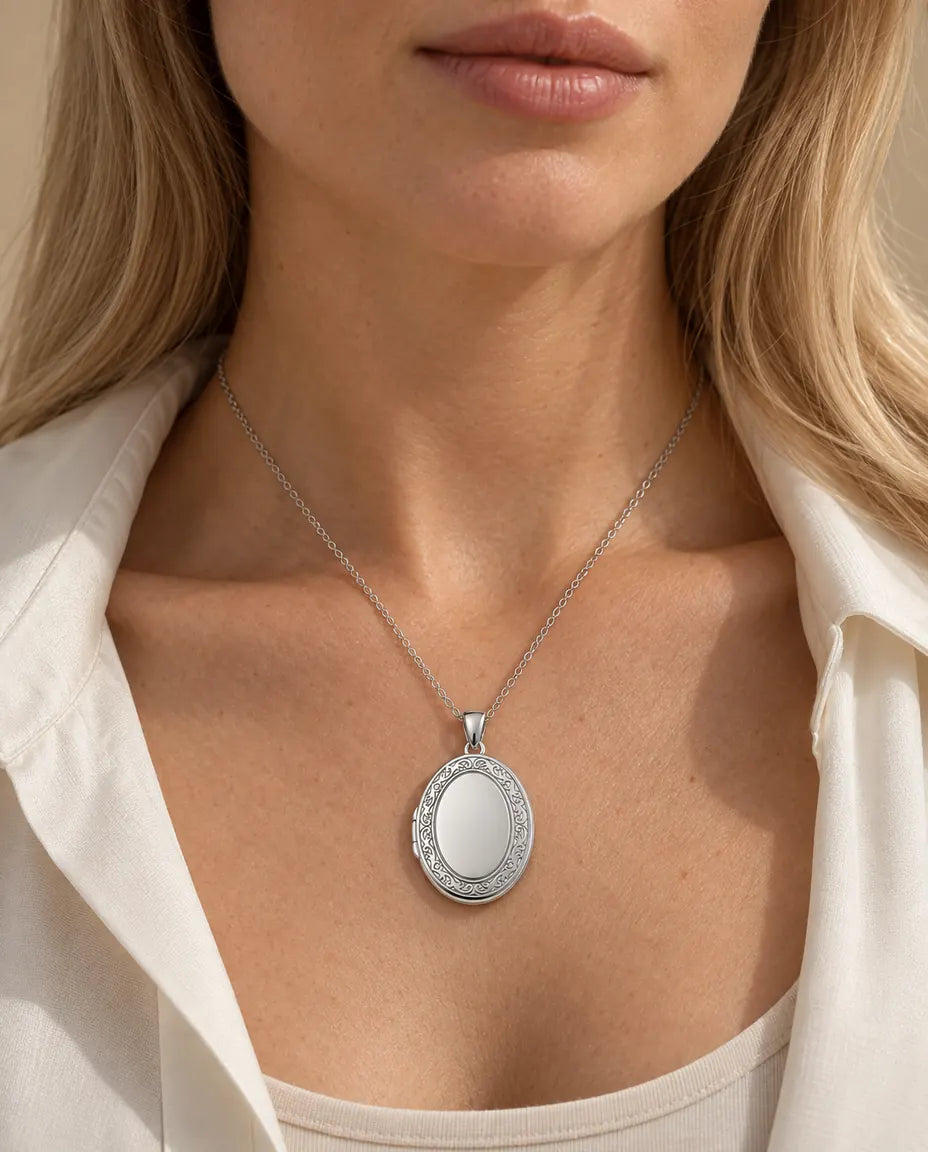 Engravable Photo Locket Necklace That Holds 2 Pictures - Personalised Oval Locket With Mother of Pearl Back worn on a model