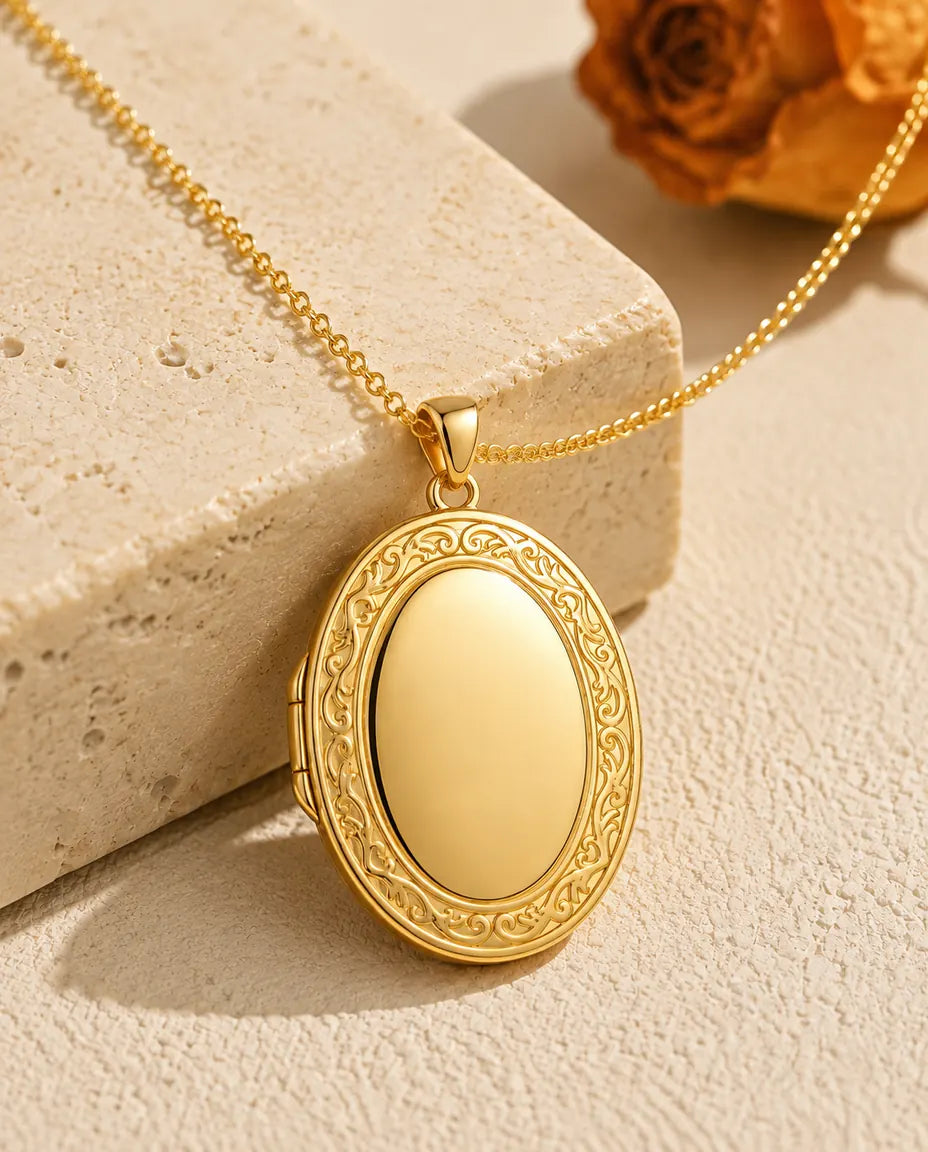 Engravable oval photo locket necklace in gold tone