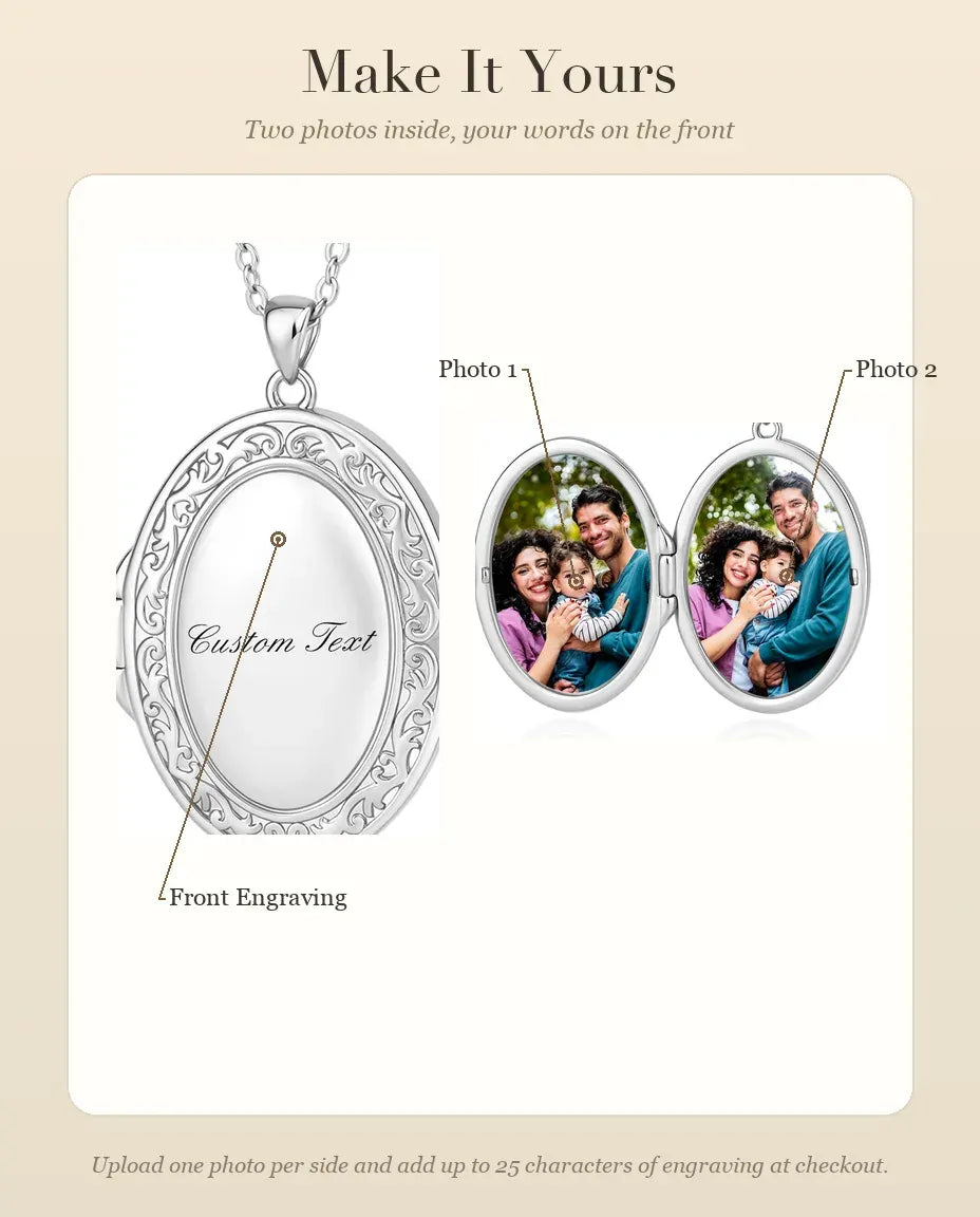 How to personalise the oval photo locket with two photos and engraving