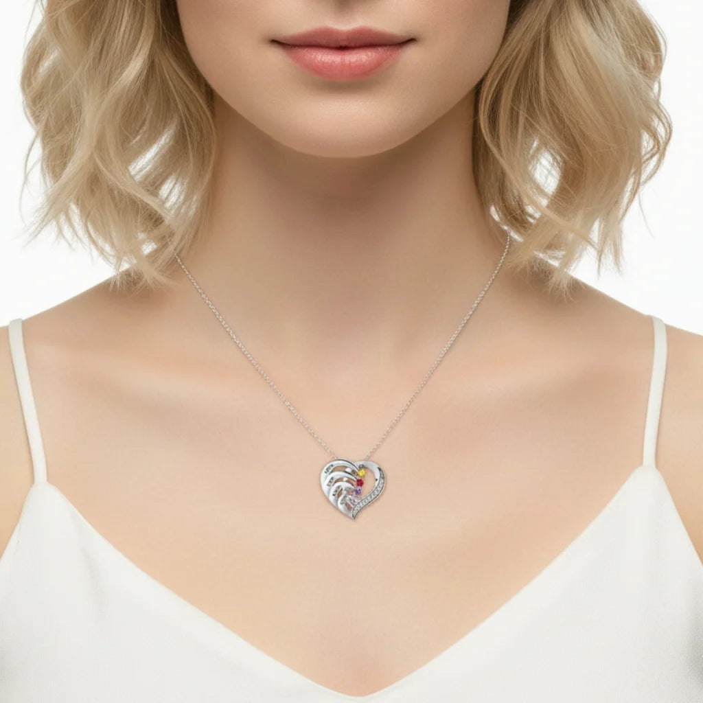 Personalised 4-Name Engraved Heart Necklace with Birthstones in Sterling Silver, Gold, or Rose Gold