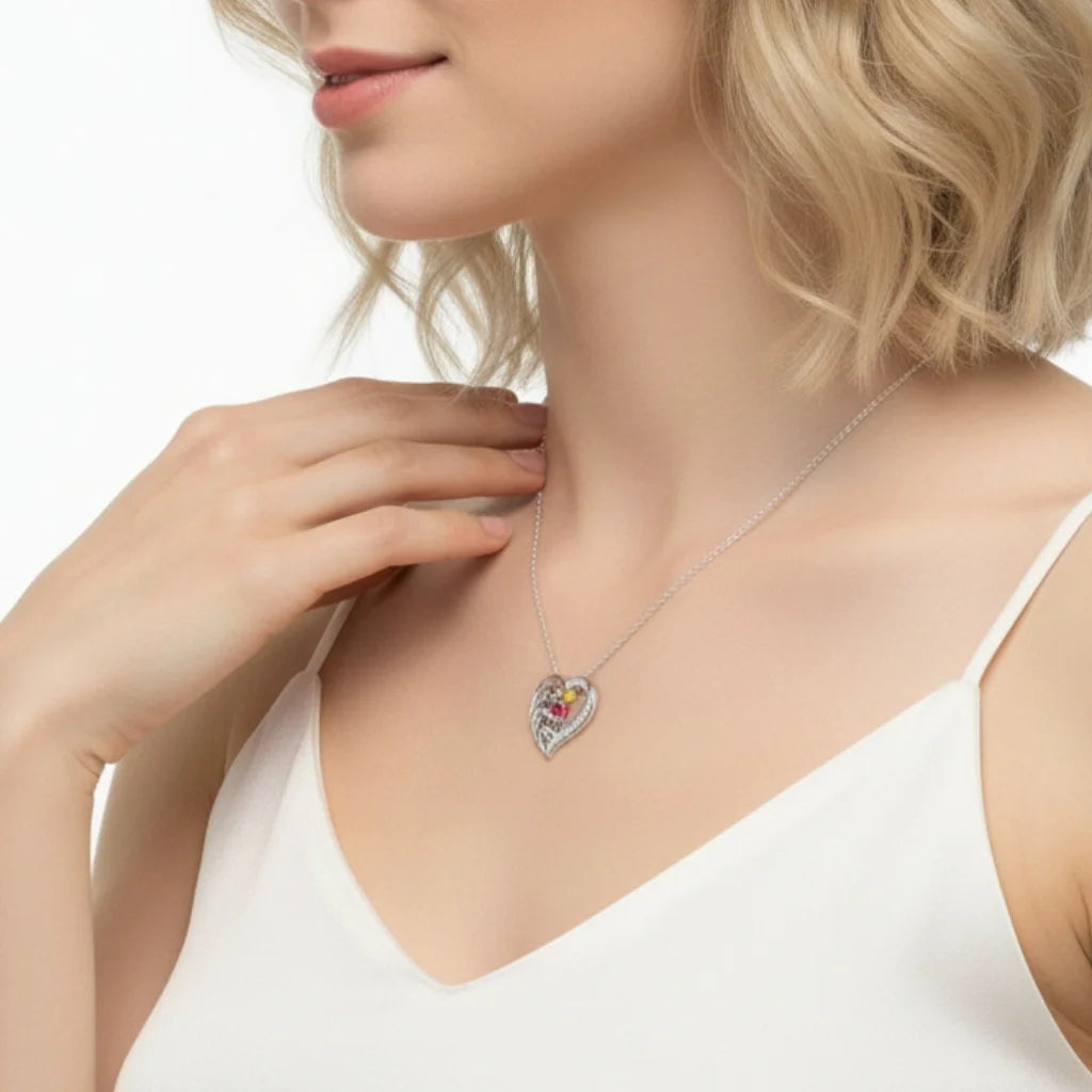 Personalised 4-Name Engraved Heart Necklace with Birthstones in Sterling Silver, Gold, or Rose Gold