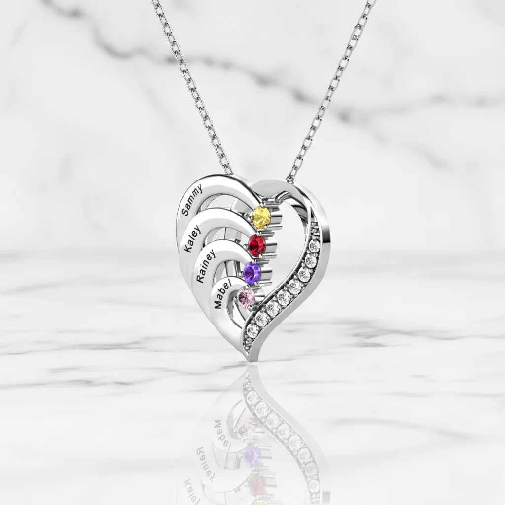 Personalised 4-Name Engraved Heart Necklace with Birthstones in Sterling Silver, Gold, or Rose Gold
