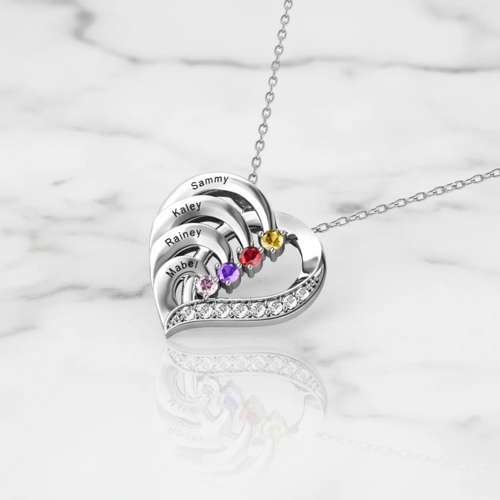 Personalised 4-Name Engraved Heart Necklace with Birthstones in Sterling Silver, Gold, or Rose Gold