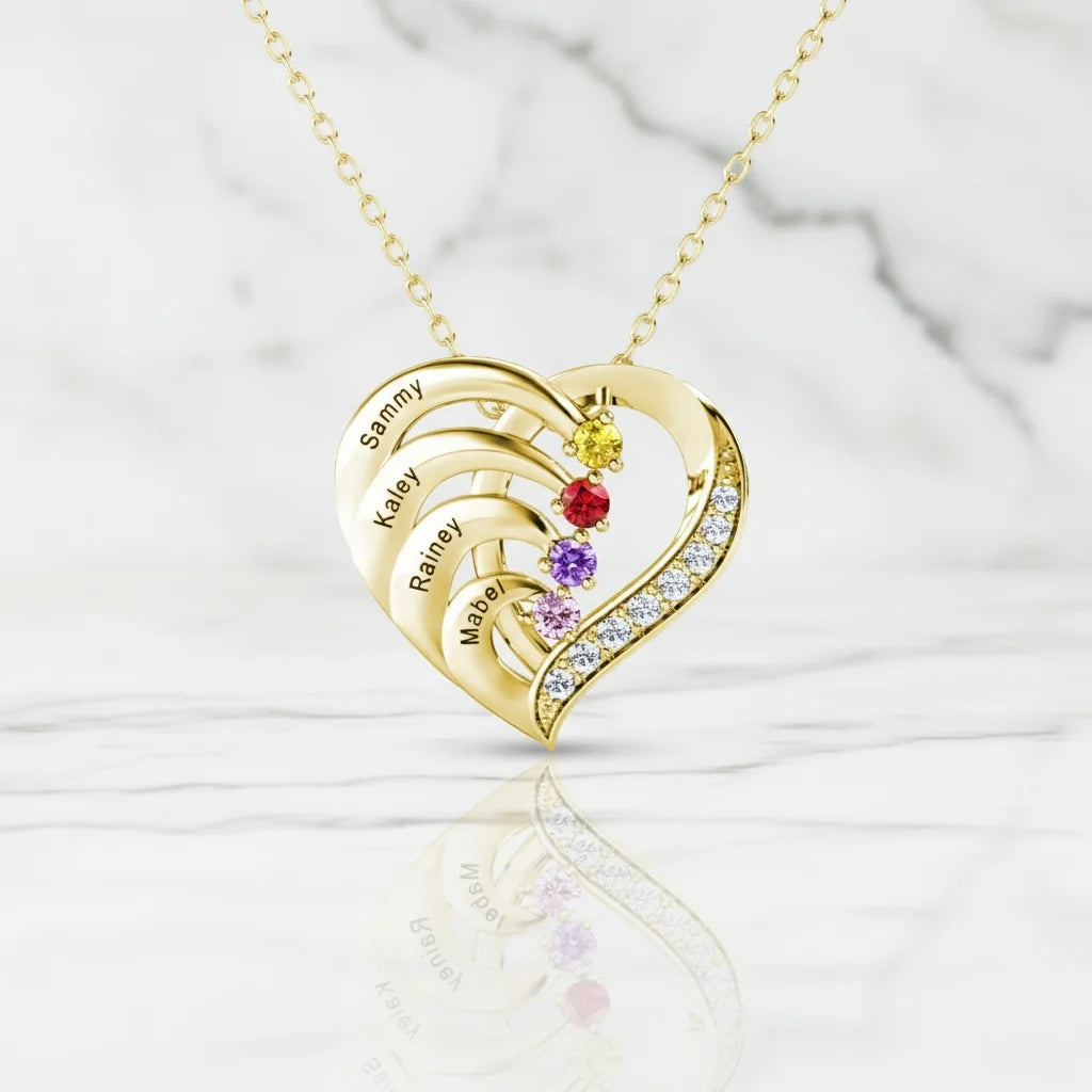 Personalised 4-Name Engraved Heart Necklace with Birthstones in Sterling Silver, Gold, or Rose Gold