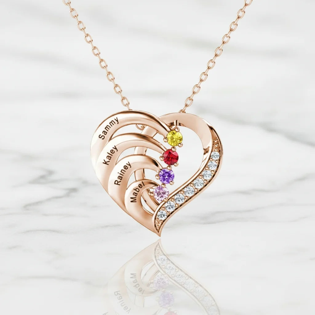 Personalised 4-Name Engraved Heart Necklace with Birthstones in Sterling Silver, Gold, or Rose Gold