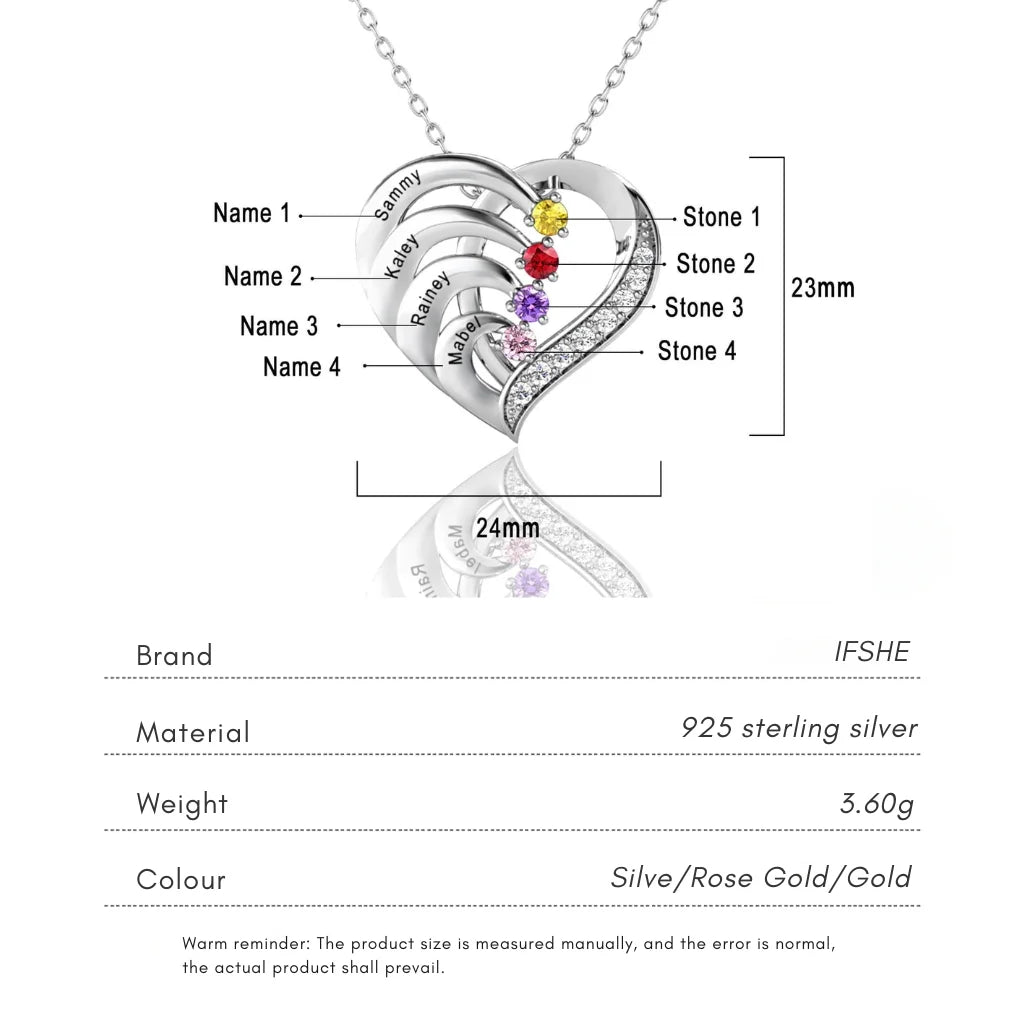 Personalised 4-Name Engraved Heart Necklace with Birthstones in Sterling Silver, Gold, or Rose Gold