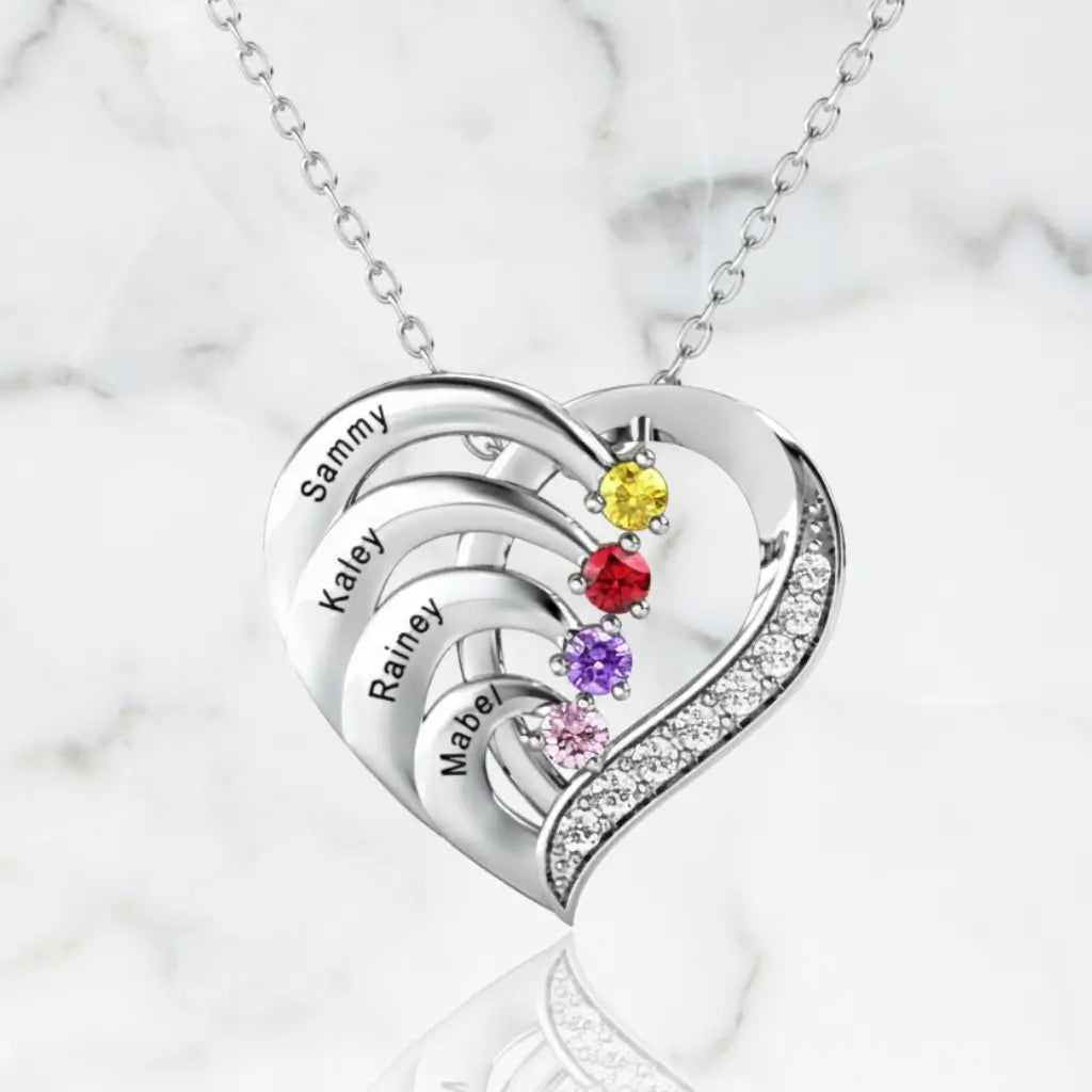 Personalised 4-Name Engraved Heart Necklace with Birthstones in Sterling Silver, Gold, or Rose Gold