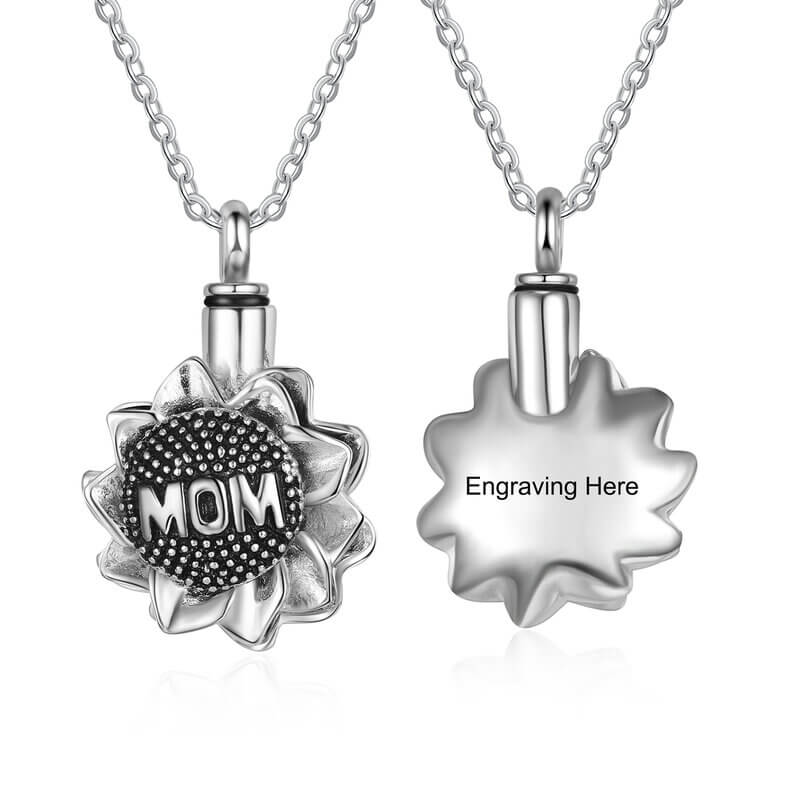 Engraved Ashes Necklace - Silver Mom Sunflower Pendant