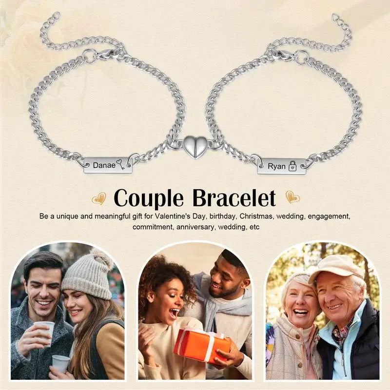 Matching Bracelets for Couples | Engraved Bar Bracelets for Couples | Heart Charm Magnetic Bracelets | 2 Pieces