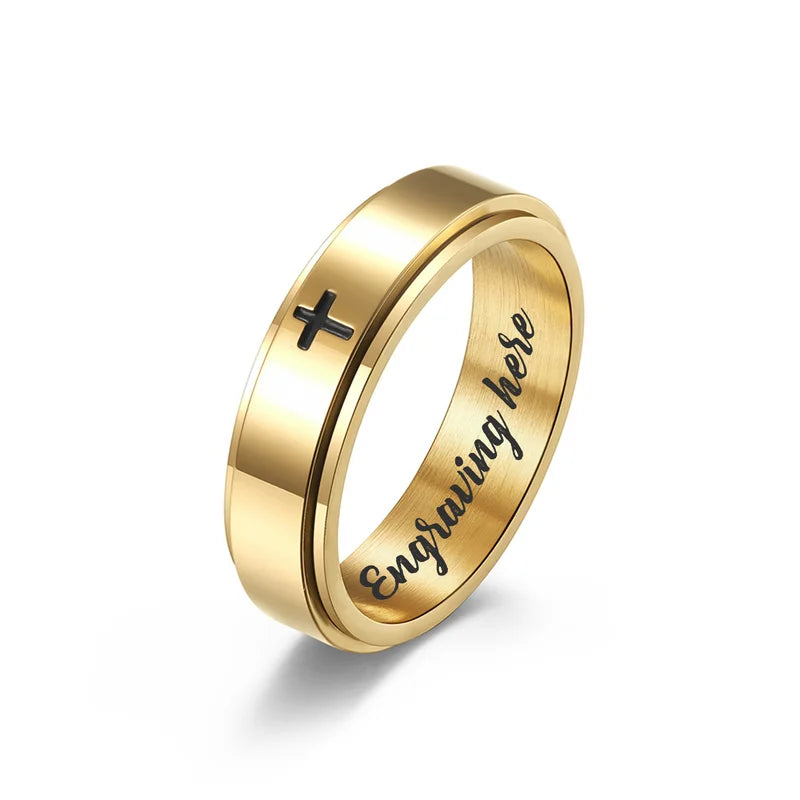 Cross Fidget Ring | Engraved Anxiety Ring | Spinner Ring 3 Colours