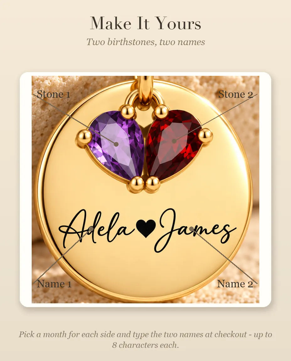 How to personalise the necklace with two birthstones and two names