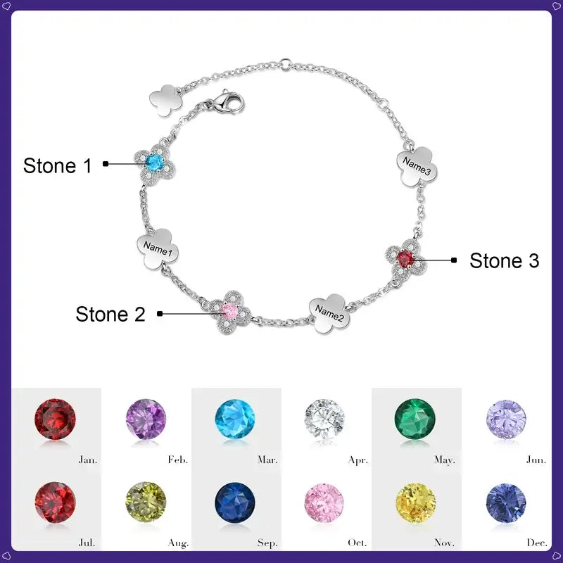 Engraved Four-Leaf Clover Personalised Birthstone Bracelet with Name