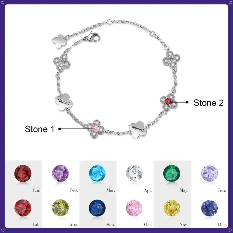 Engraved Four-Leaf Clover Personalised Birthstone Bracelet with Name