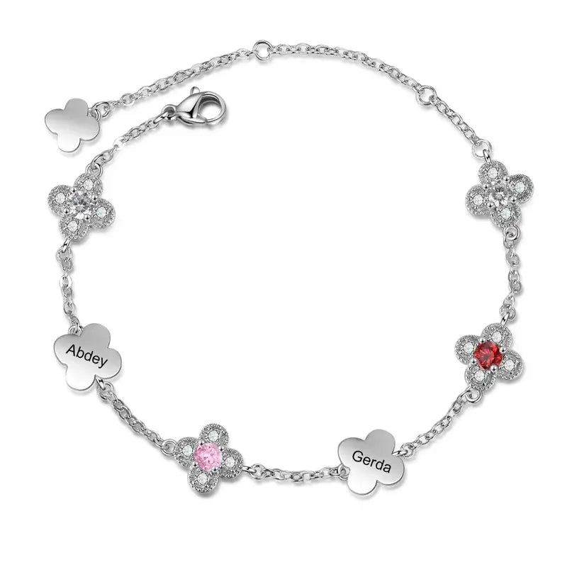 Engraved Four-Leaf Clover Personalised Birthstone Bracelet with Name