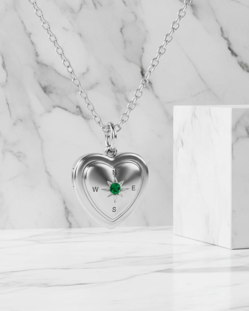 Engraved Heart Locket Necklace with Birthstone and Photo in 925 Sterling Silver