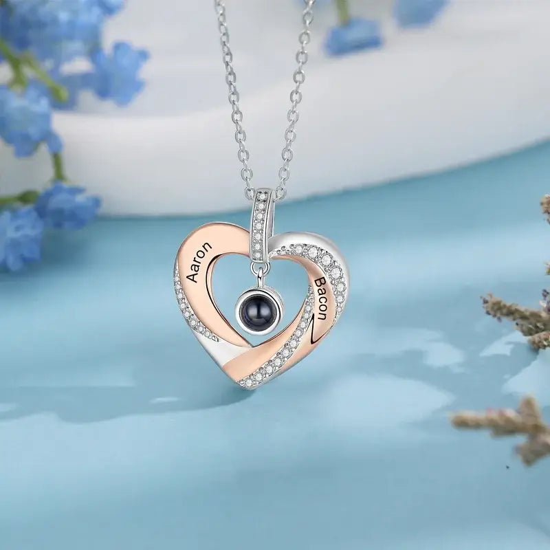 Heart Photo Projection Necklace with Picture Inside | Engraved 2 Names Necklace