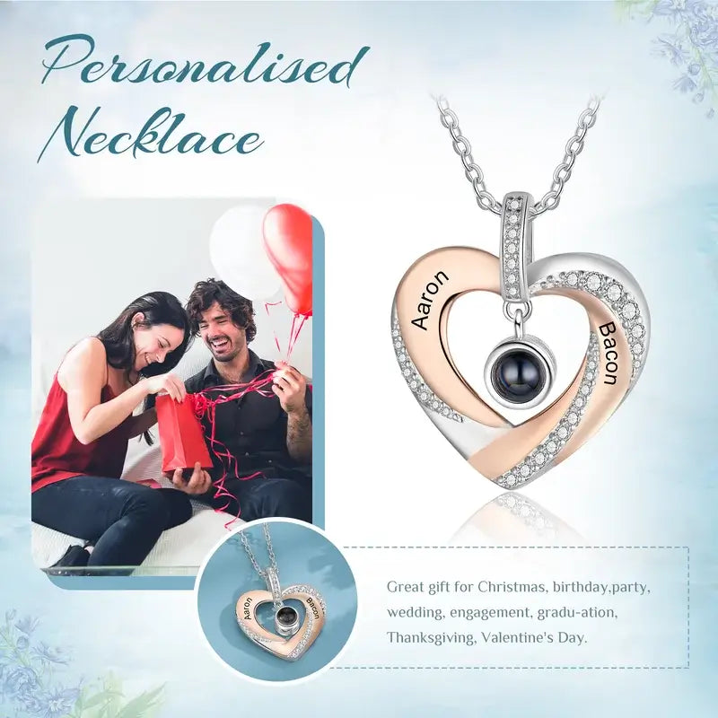 Heart Photo Projection Necklace with Picture Inside | Engraved 2 Names Necklace