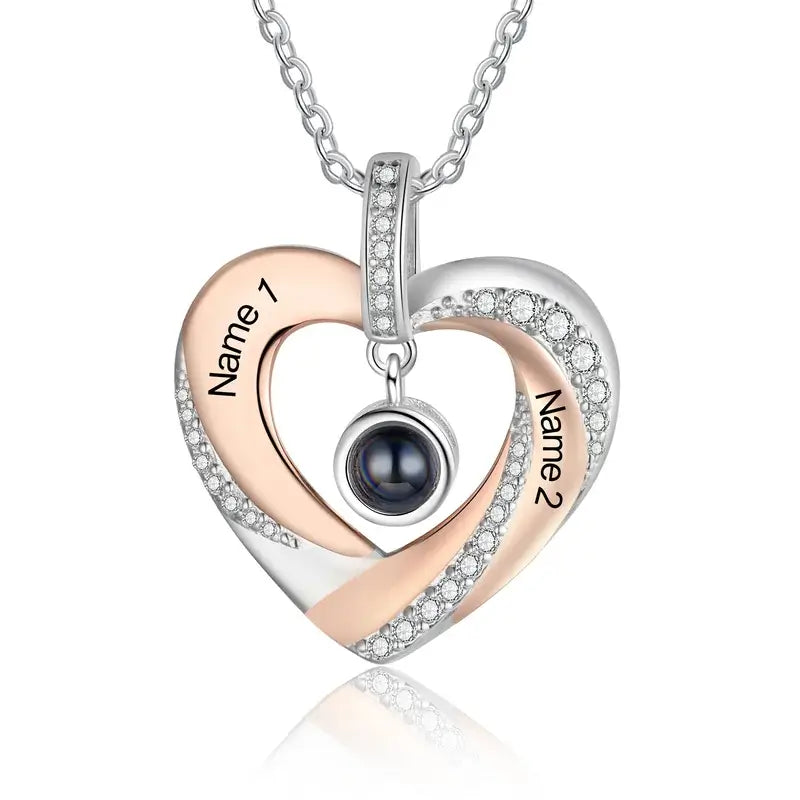 Heart Photo Projection Necklace with Picture Inside | Engraved 2 Names Necklace