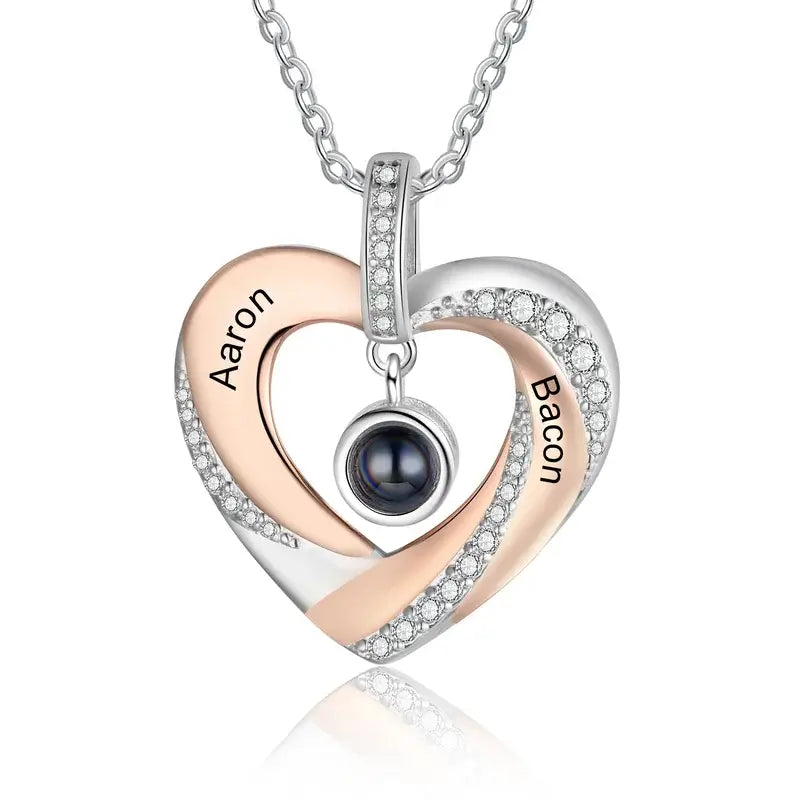 Heart Photo Projection Necklace with Picture Inside | Engraved 2 Names Necklace