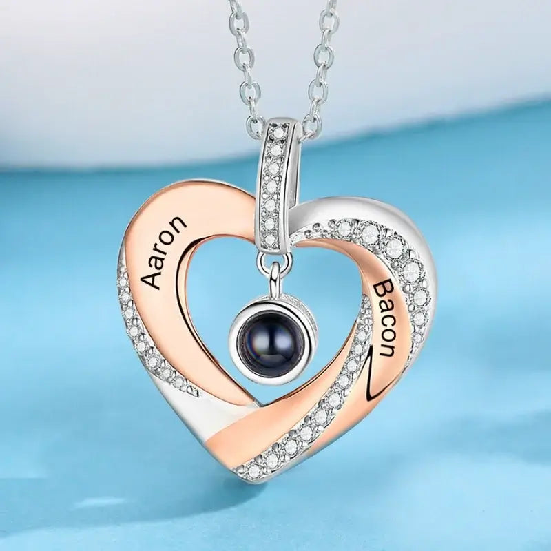 Heart Photo Projection Necklace with Picture Inside | Engraved 2 Names Necklace