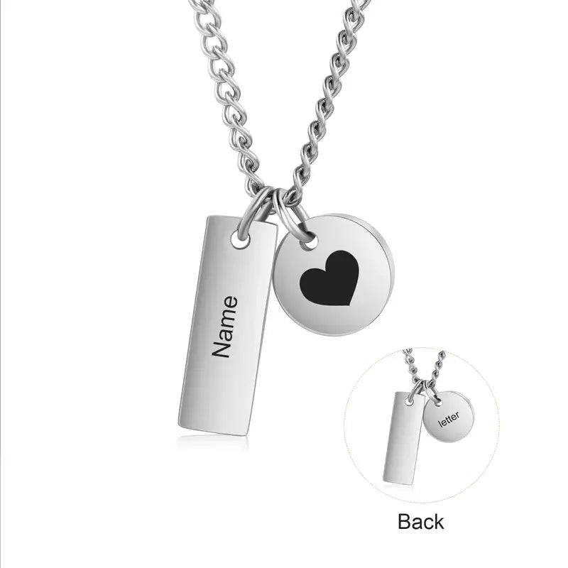 Engraved Initial Charm & Engraved Name Bar Personalised Necklace