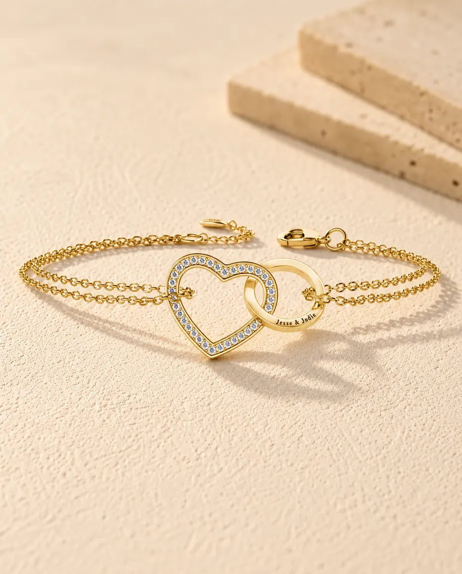 Personalised Interlocking Heart Bracelet - in gold finish