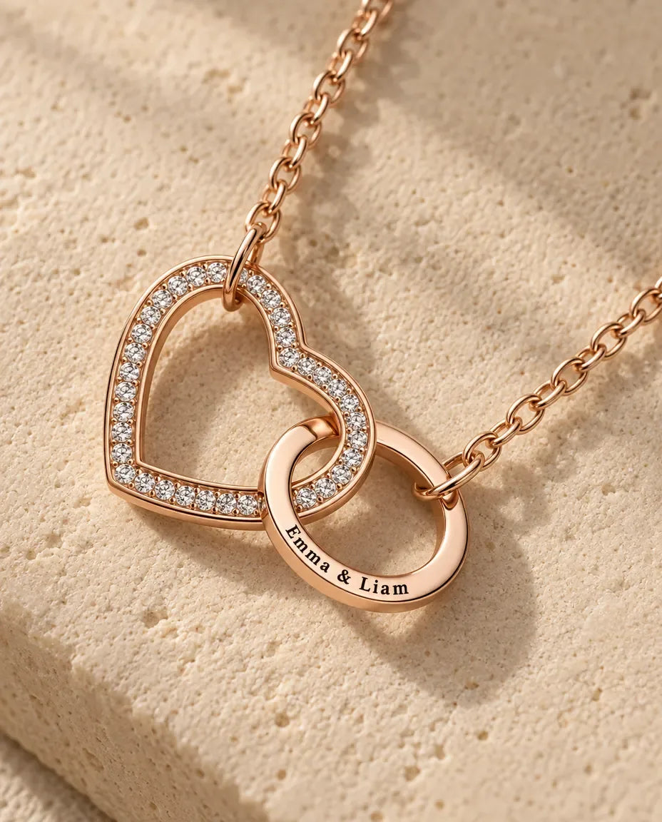 Interlocking Heart Necklace - close-up of the engravable bar