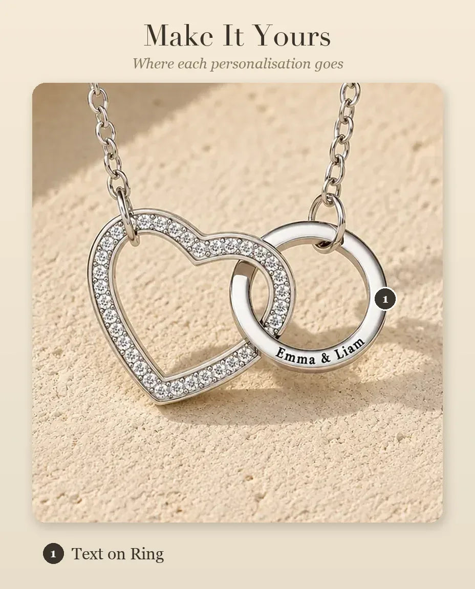 Interlocking Heart Necklace - personalisation guide: where each engraving goes