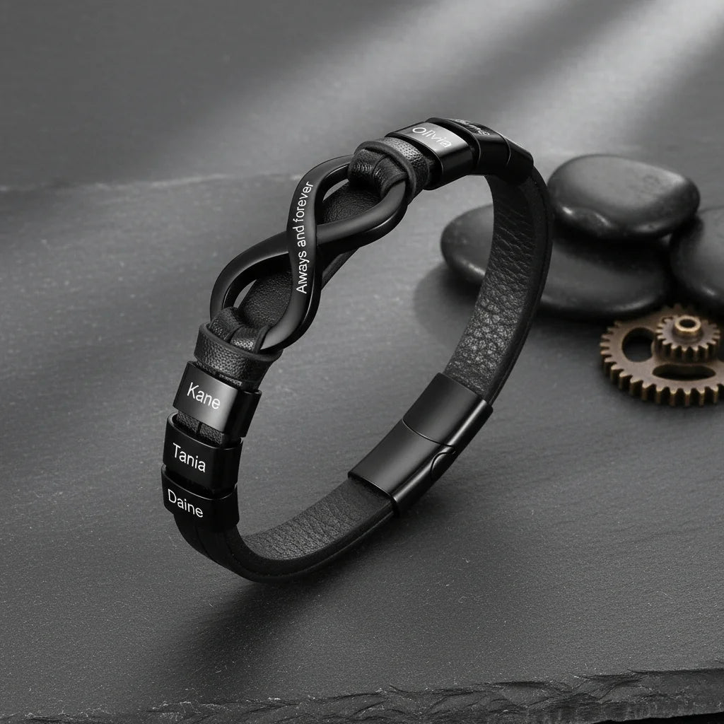 Engraved Leather Bracelet for Men with Personalised 2-6 Names