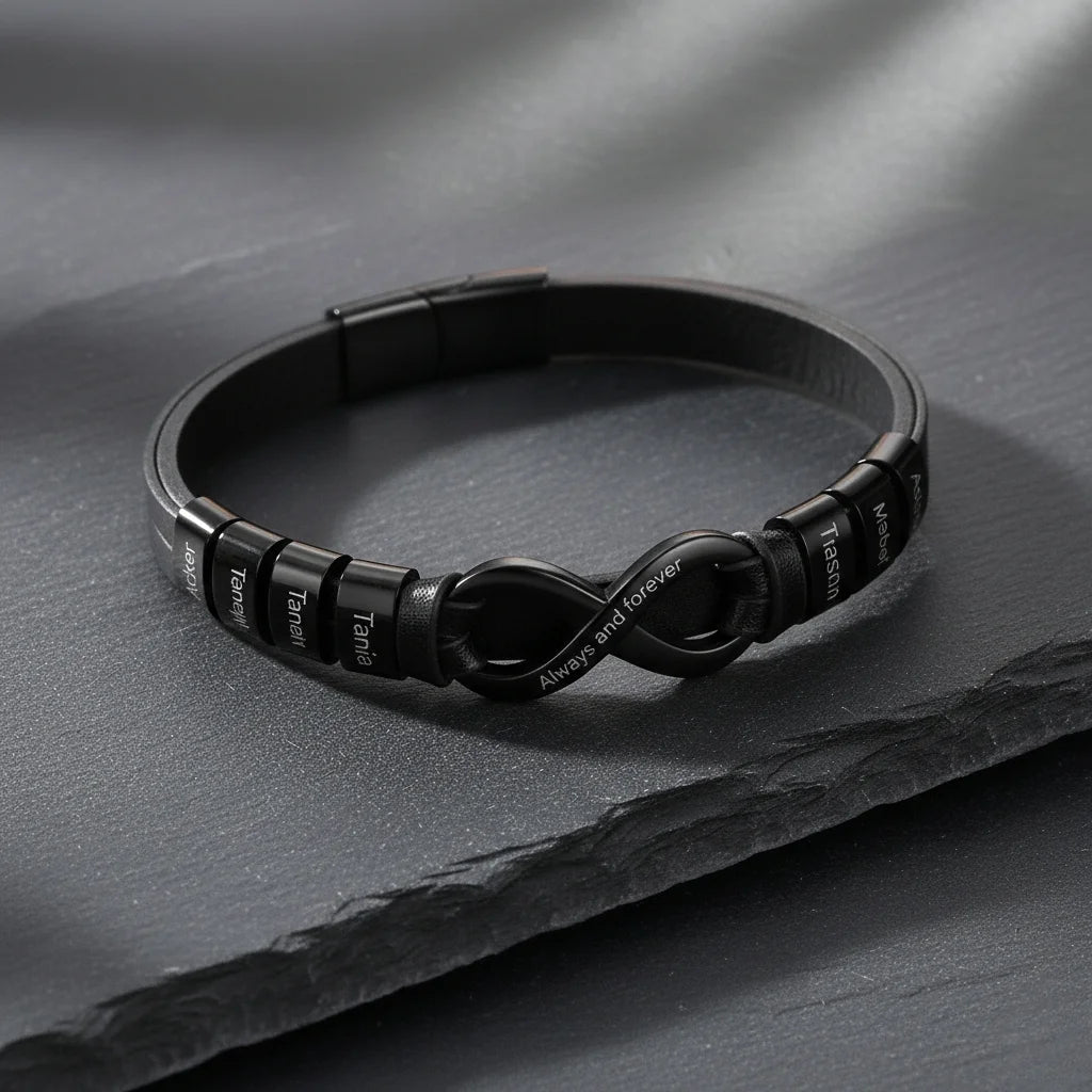Engraved Leather Bracelet for Men with Personalised 2-6 Names