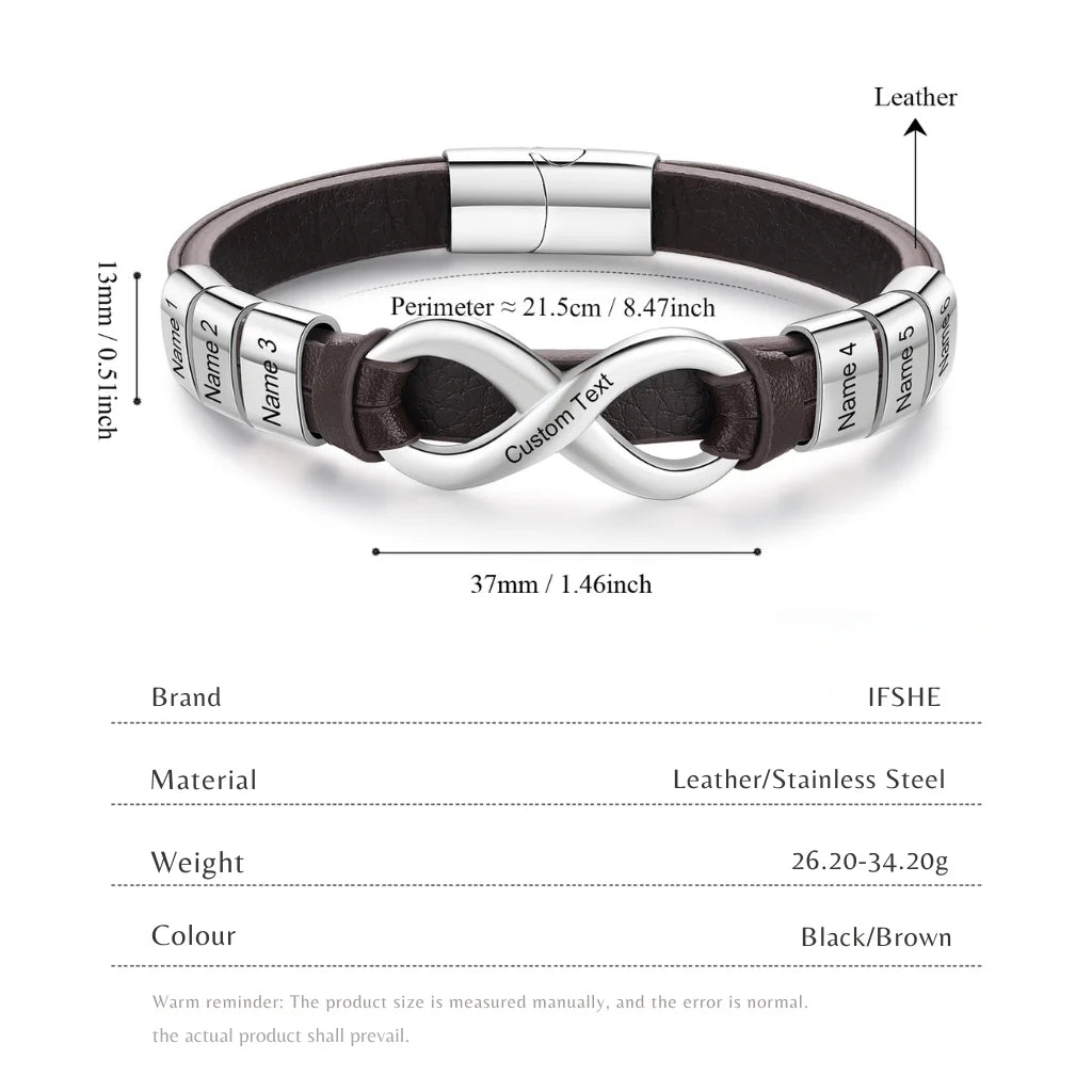 Engraved Leather Bracelet for Men with Personalised 2-6 Names
